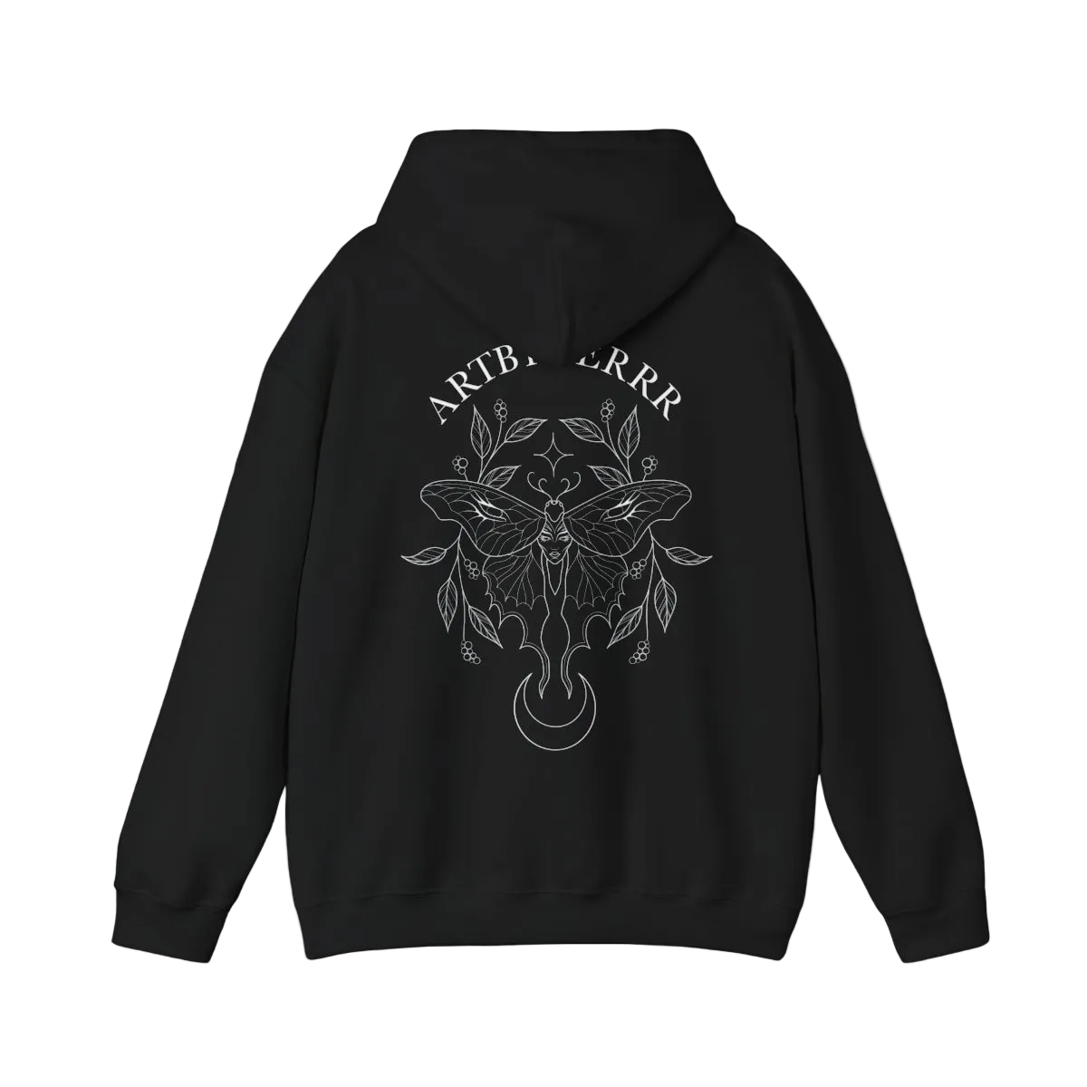 Black hoodie with white moth design and 'ARTBERRR' text on the back against a white background