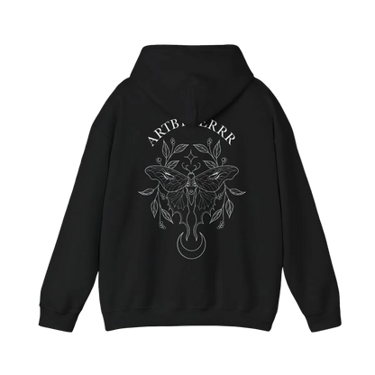 Black hoodie with white moth design and 'ARTBERRR' text on the back against a white background