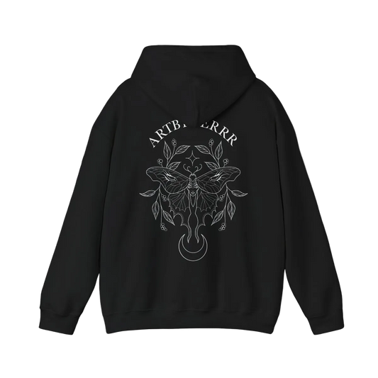 Black hoodie with white moth design and 'ARTBERRR' text on the back against a white background