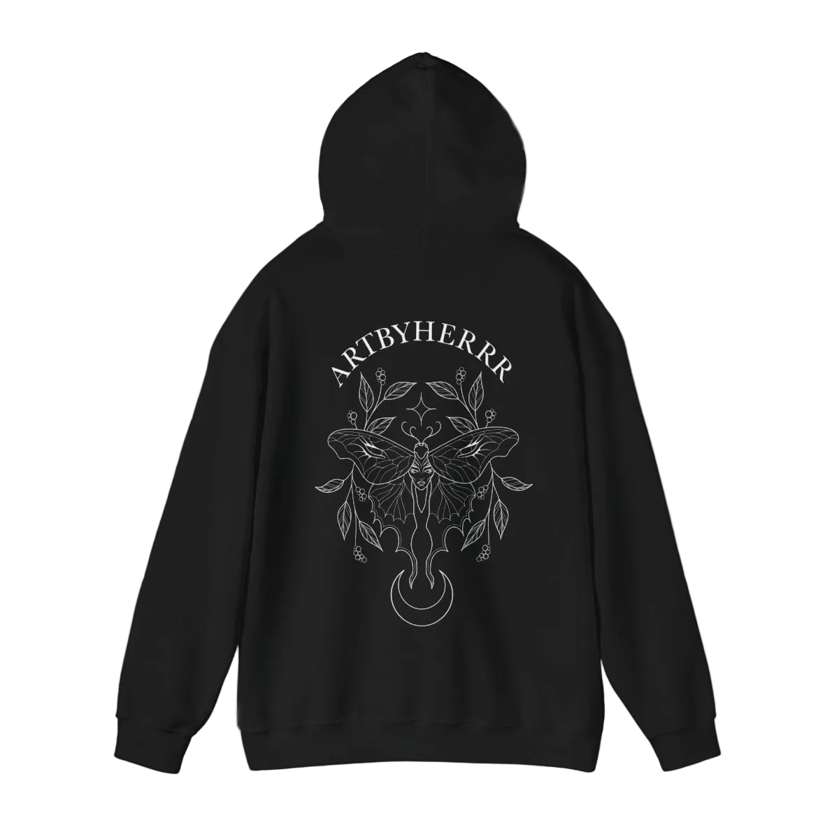 Black hoodie with white graphic design and 'ARTBYHERRR' text on a white background