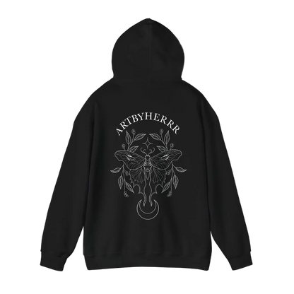 Black hoodie with white graphic design and 'ARTBYHERRR' text on a white background