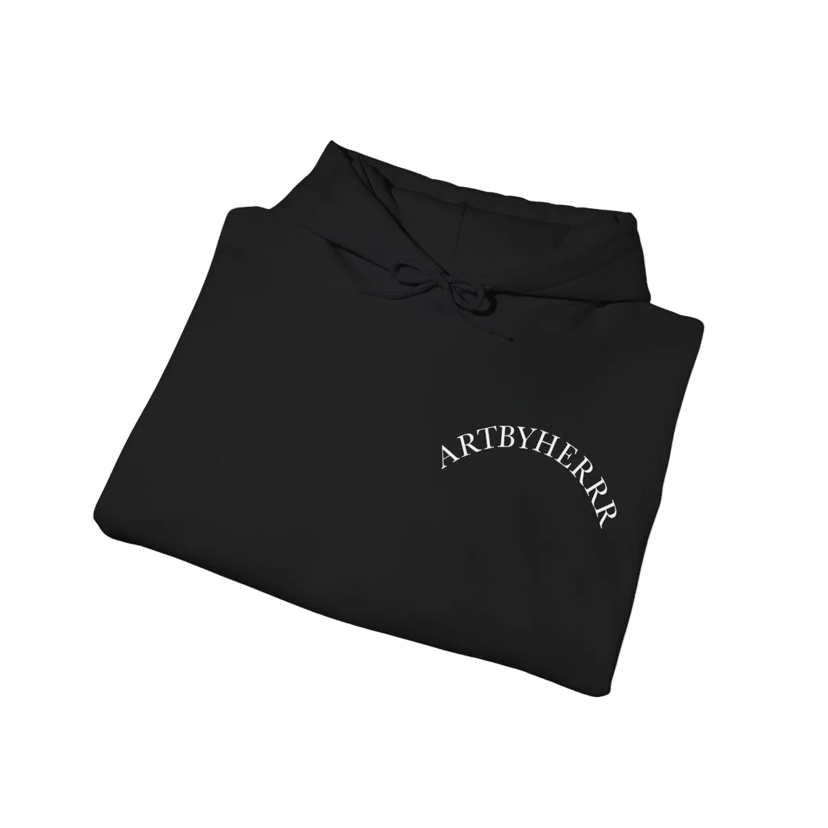 Folded black hoodie with 'ARTBYHERR' logo on a white background