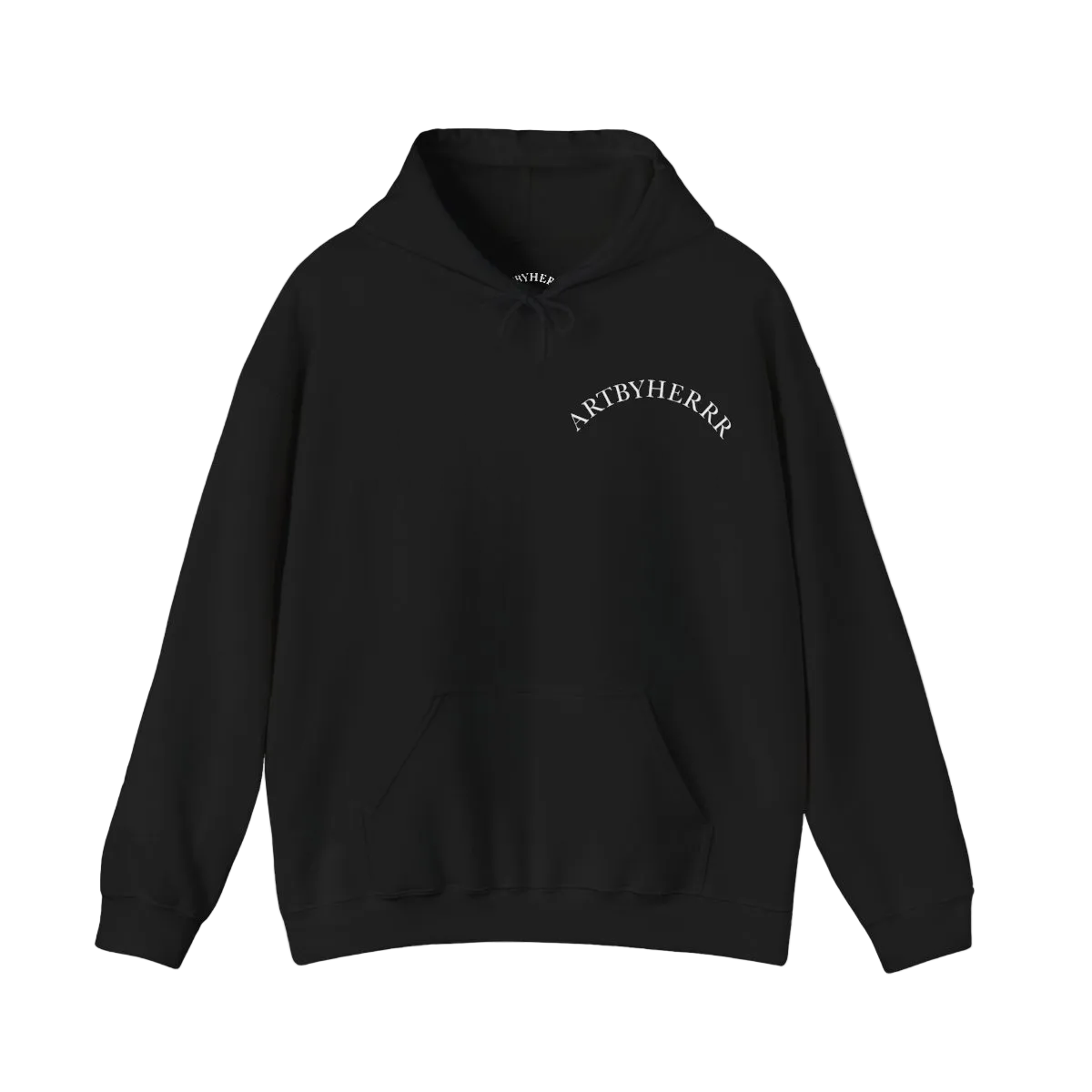 Black hoodie with 'ARYBYHERRK' text on a white background