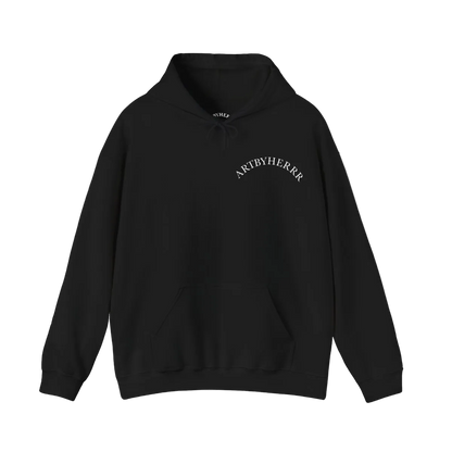 Black hoodie with 'ARYBYHERRK' text on a white background