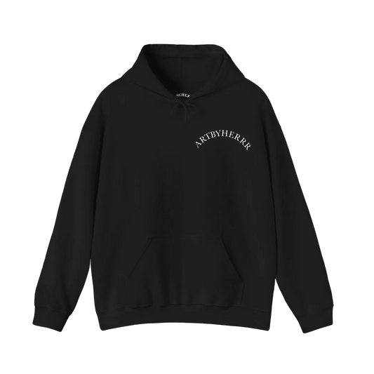 Black hoodie with 'ARYBYHERRK' text on a white background