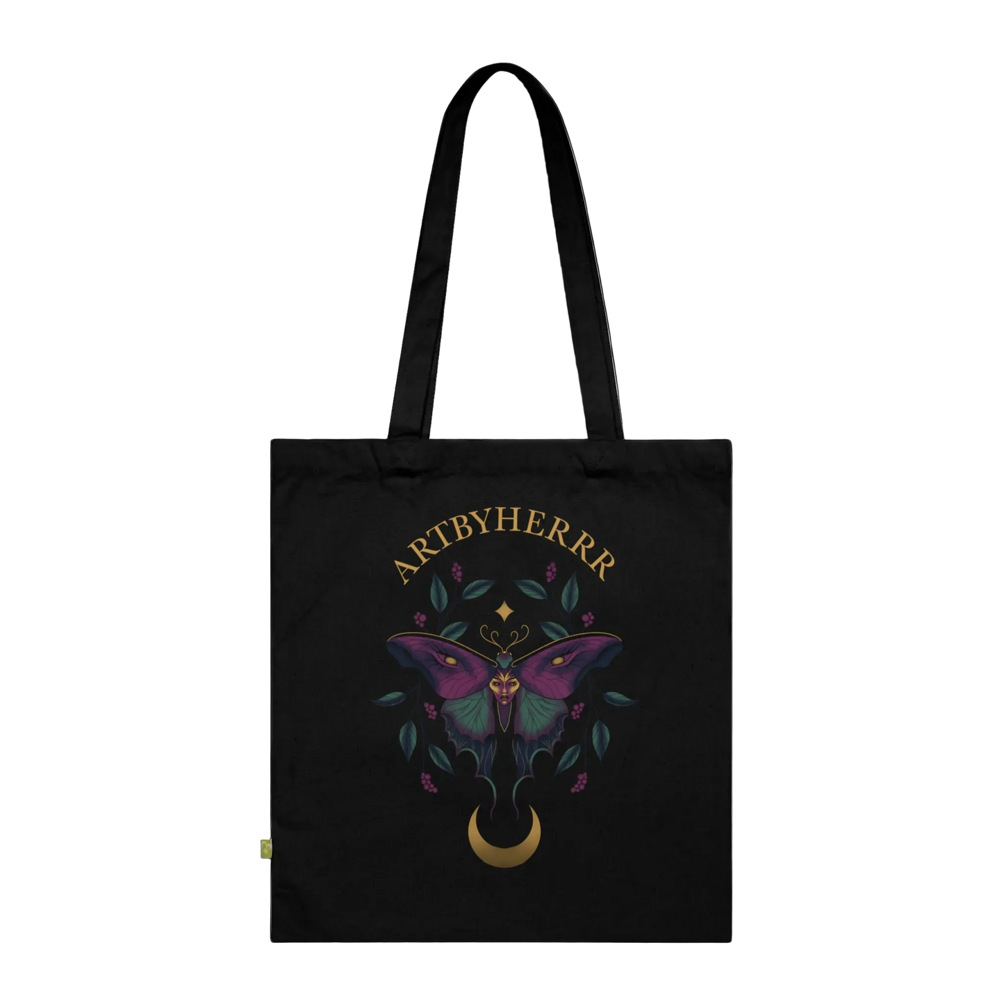 Black tote bag with a butterfly design and 'ARTBYHERRR' branding on a black background